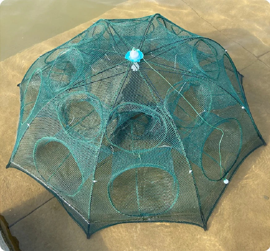 Piège à poissons pliable en forme de parapluie.