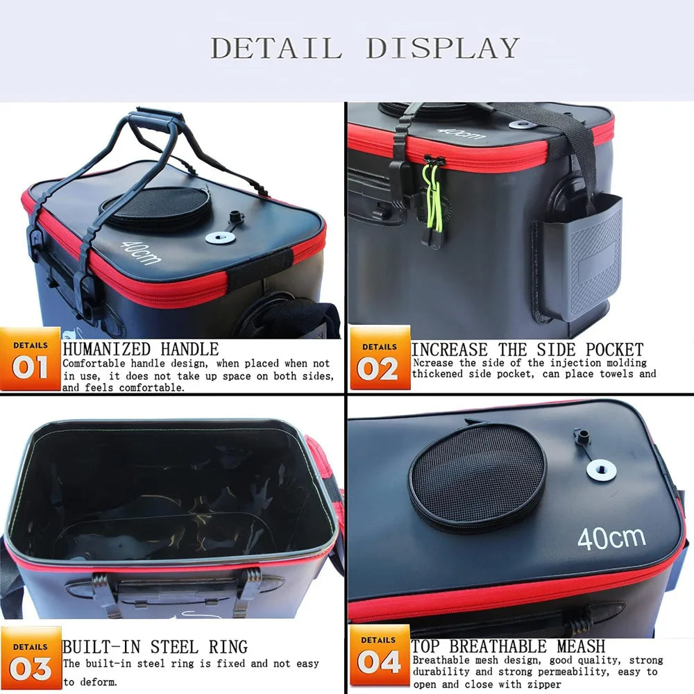 Sac pliable portable pour seau à poissons vivants.