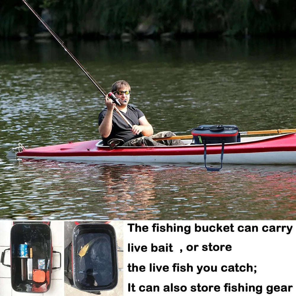 Sac pliable portable pour seau à poissons vivants.