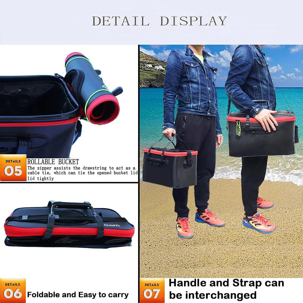 Sac pliable portable pour seau à poissons vivants.