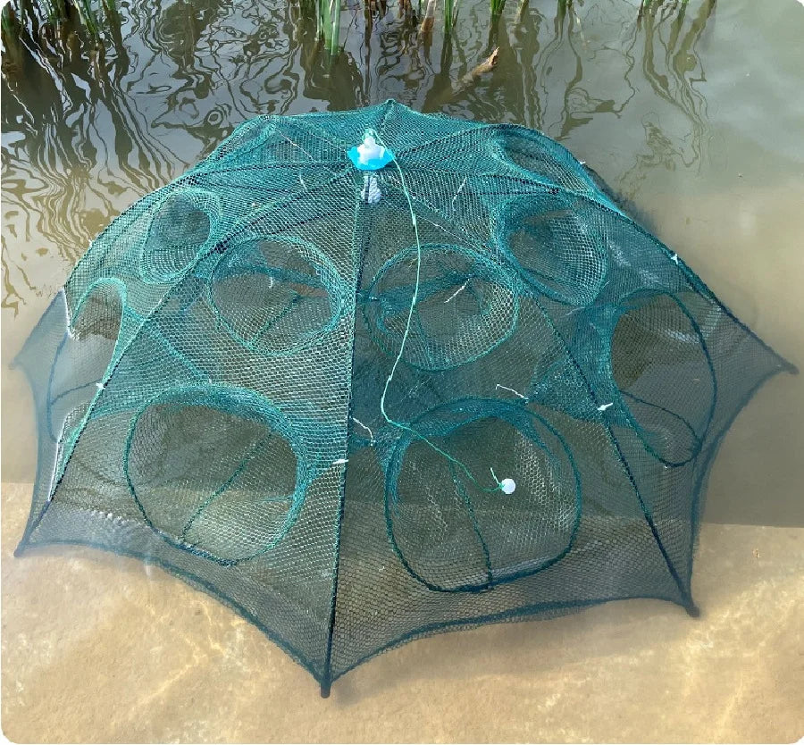Piège à poissons pliable en forme de parapluie.