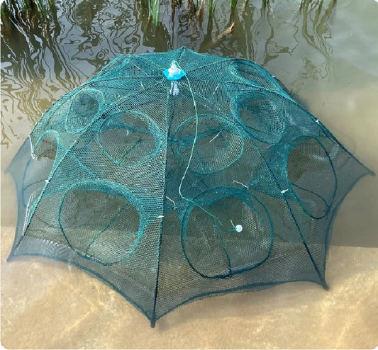 Piège à poissons pliable en forme de parapluie.
