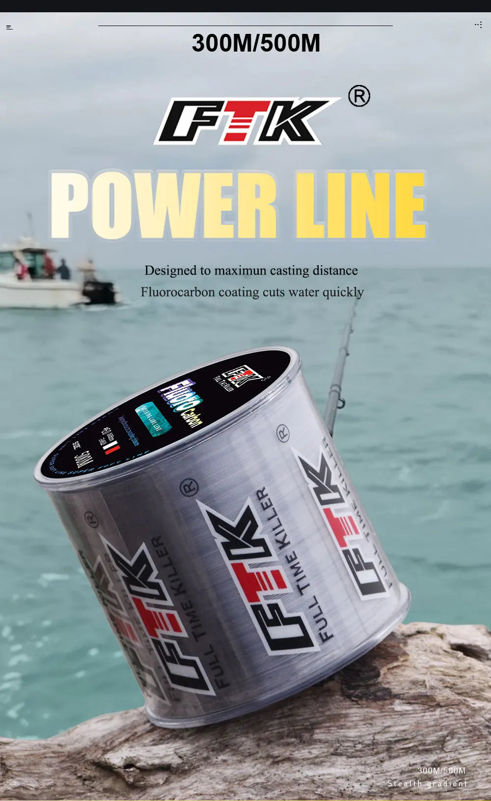 Ligne de pêche FTK 300M avec revêtement en fluorocarbone.